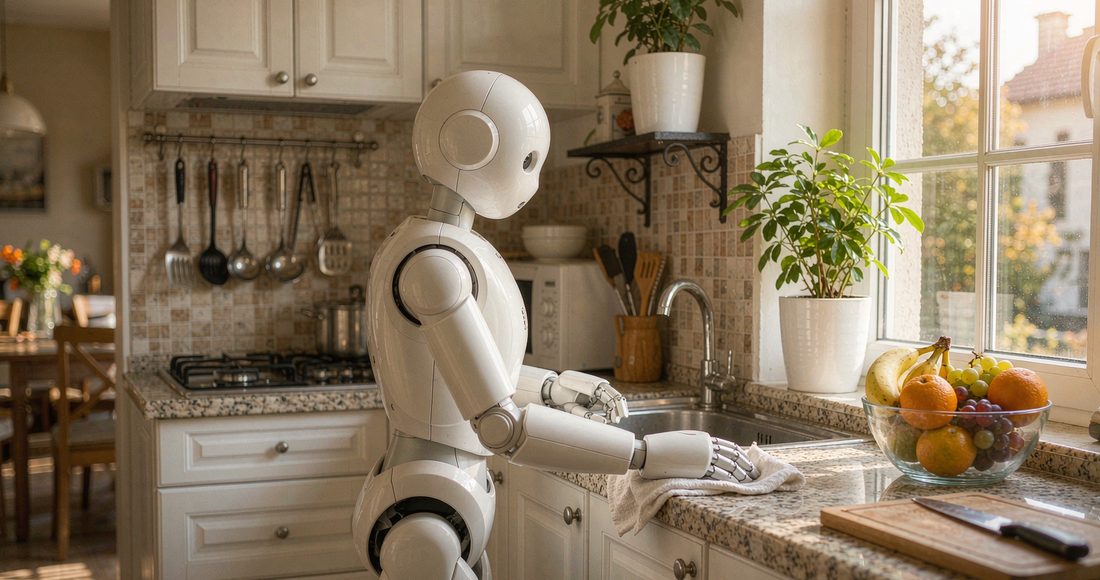 Household robot wiping a kitchen counter during HomeBench validation